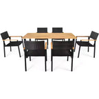 Costway 7PCS Patio Rattan Patented Dining Chair Table Set Solid Wood Frame Umbrella Hole