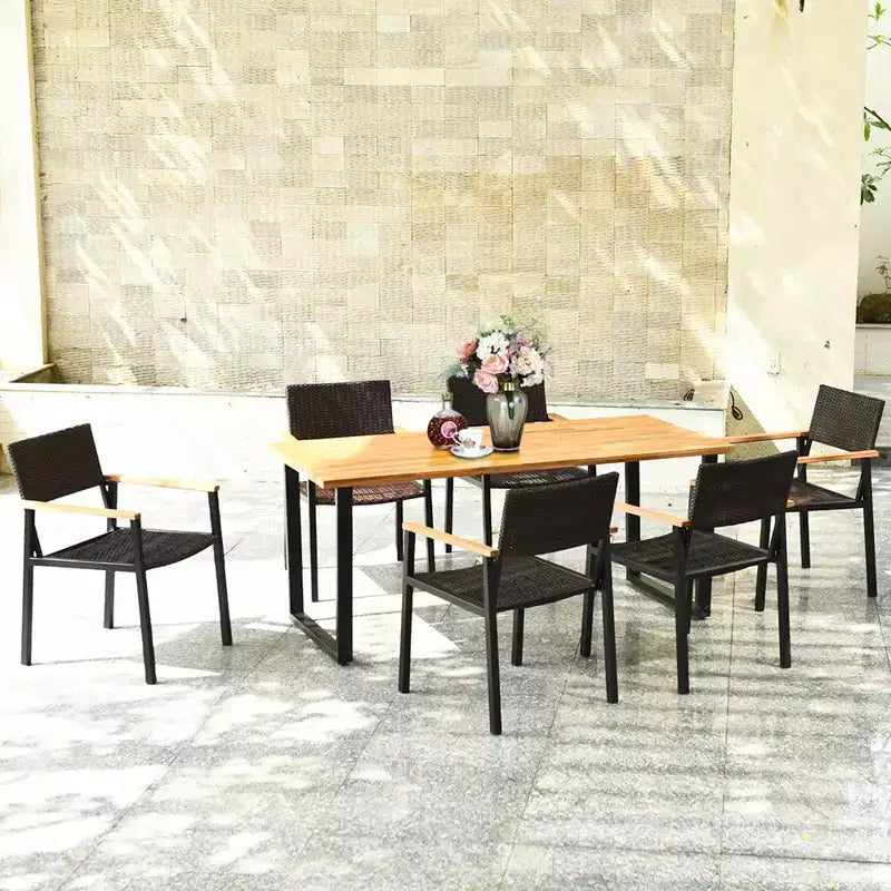 Costway 7PCS Patio Rattan Patented Dining Chair Table Set Solid Wood Frame Umbrella Hole