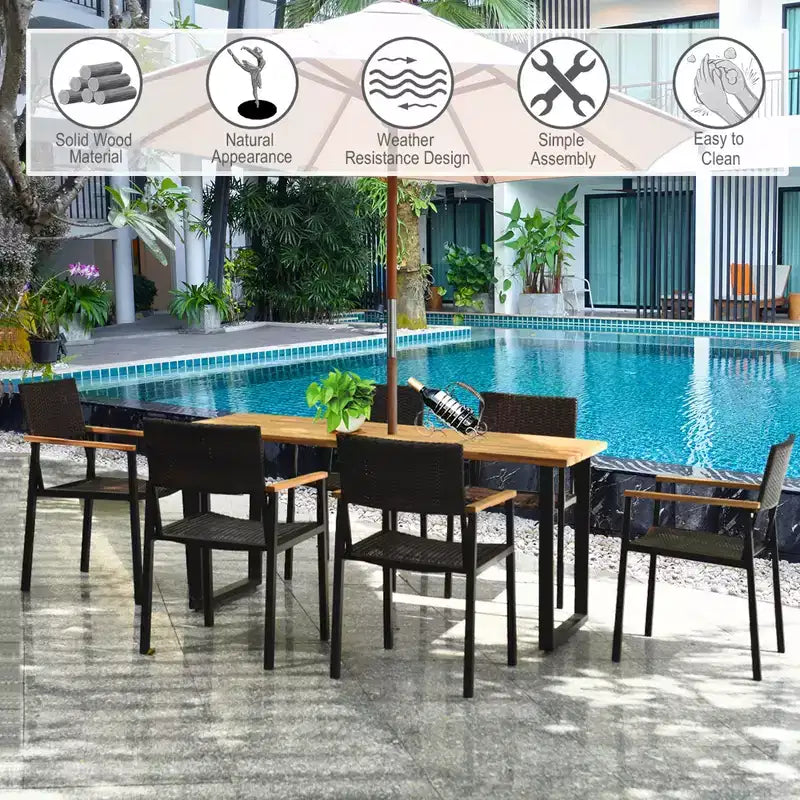 Costway 7PCS Patio Rattan Patented Dining Chair Table Set Solid Wood Frame Umbrella Hole