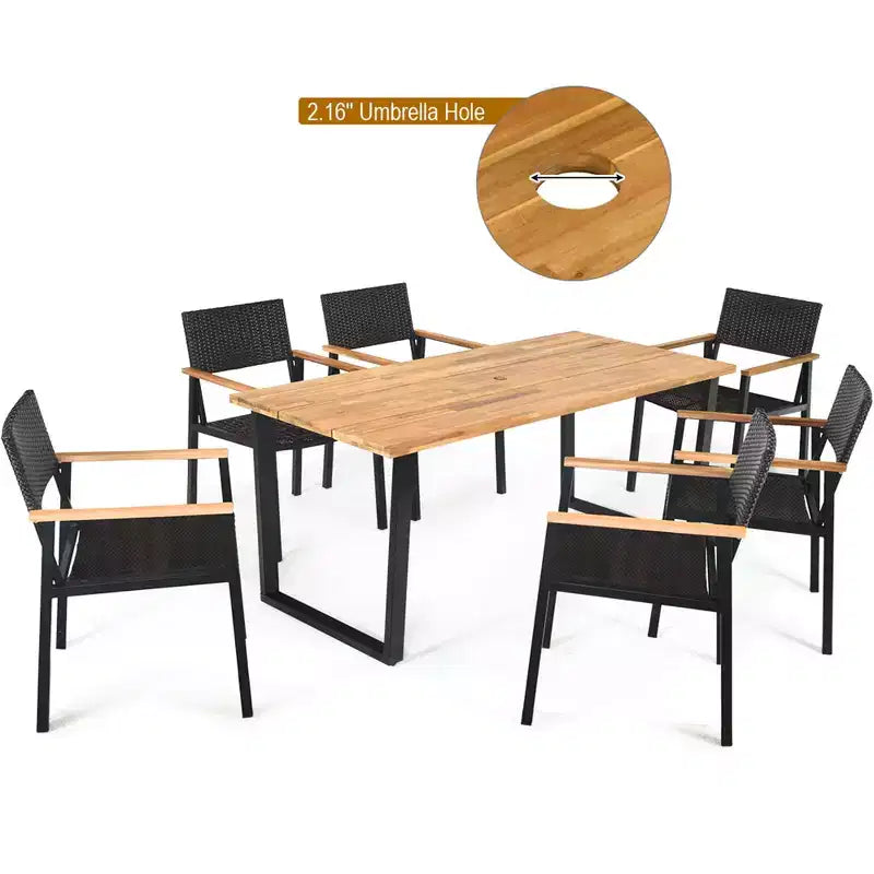 Costway 7PCS Patio Rattan Patented Dining Chair Table Set Solid Wood Frame Umbrella Hole