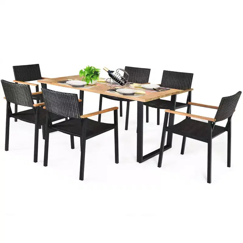 Costway 7PCS Patio Rattan Patented Dining Chair Table Set Solid Wood Frame Umbrella Hole