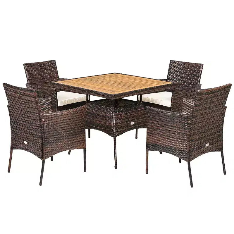 Costway 5PCS Patio Rattan Dining Furniture Set Arm Chair Wooden Table Top