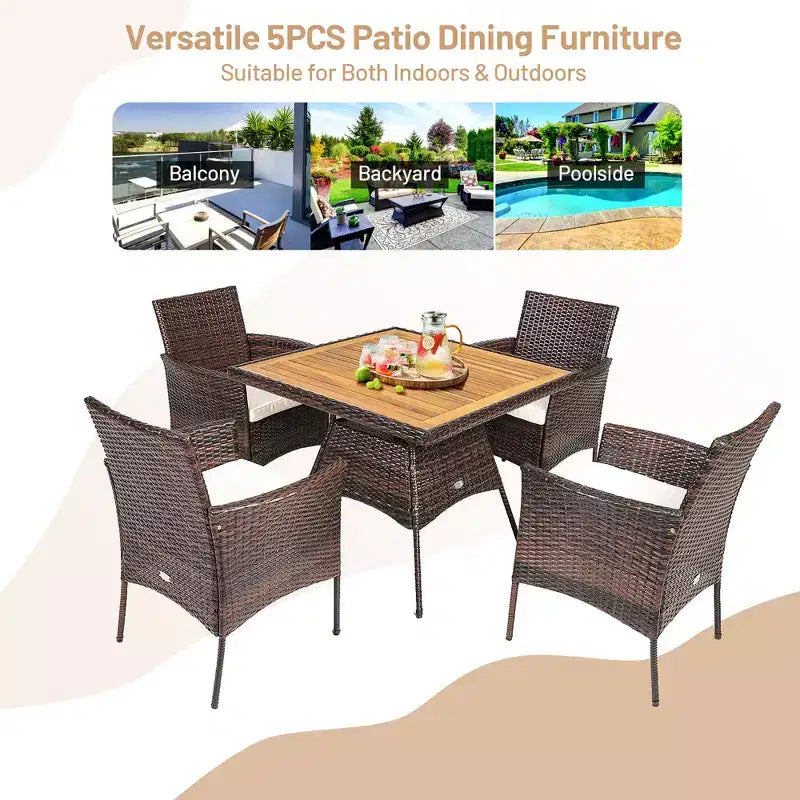 Costway 5PCS Patio Rattan Dining Furniture Set Arm Chair Wooden Table Top