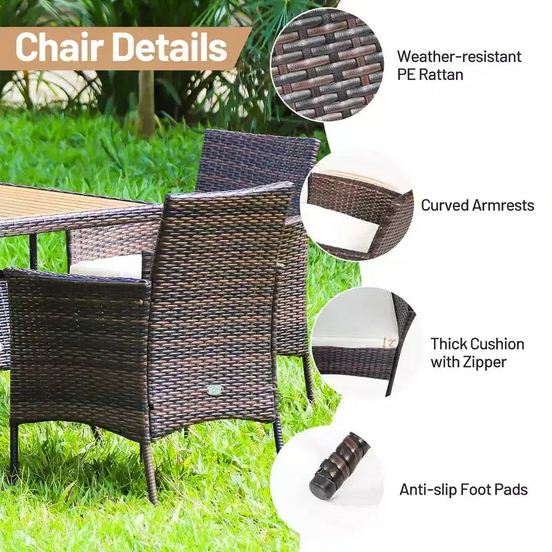 Costway 5PCS Patio Rattan Dining Furniture Set Arm Chair Wooden Table Top