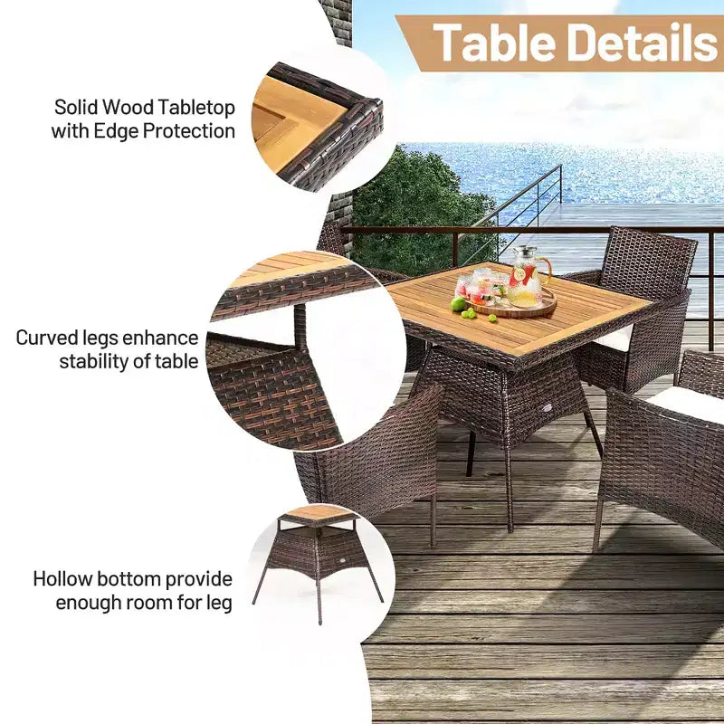 Costway 5PCS Patio Rattan Dining Furniture Set Arm Chair Wooden Table Top