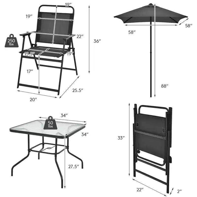 Costway 6PCS Patio Furniture Dining Set Folding Chairs Glass Table W/Umbrella Deck Grey