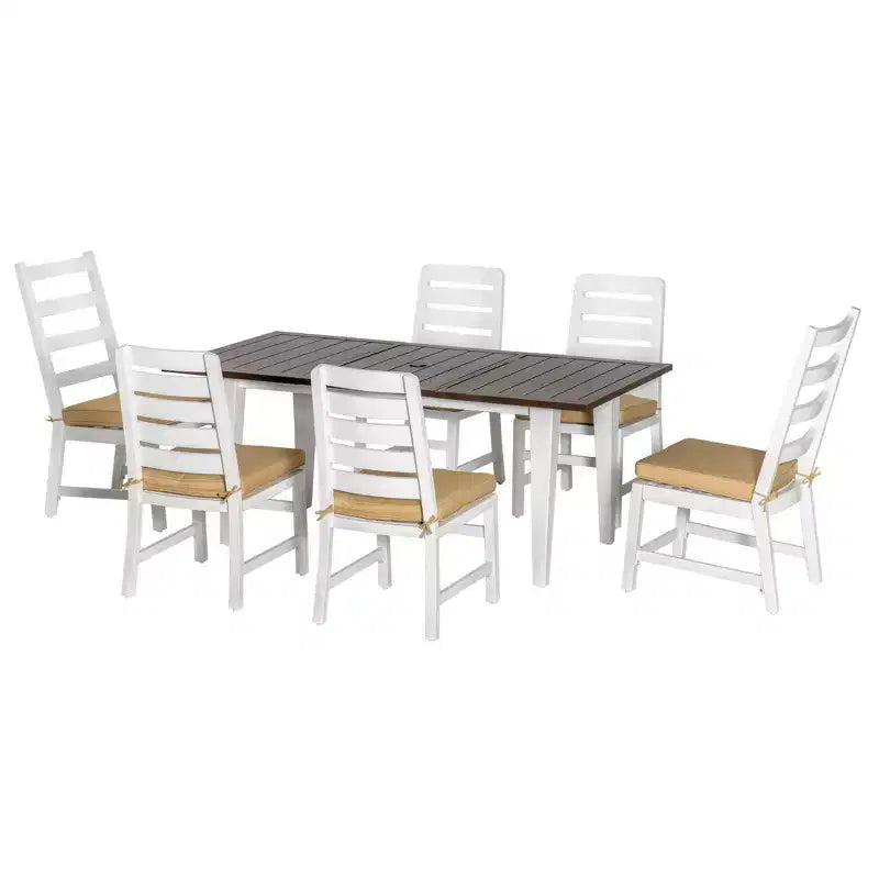 Outsunny Patio Dining Set for 6, Outdoor Furniture Set with a Table & Chairs, Cushions, Umbrella Hole for Garden, Backyard, or Poolside, Beige