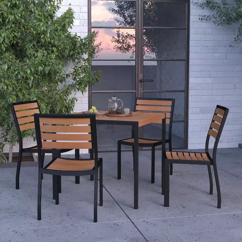 Merrick Lane 5 Piece Patio Table and Chairs Set Faux Teak Wood And Metal Indoor/Outdoor Table and Chairs with All-Weather Purpose