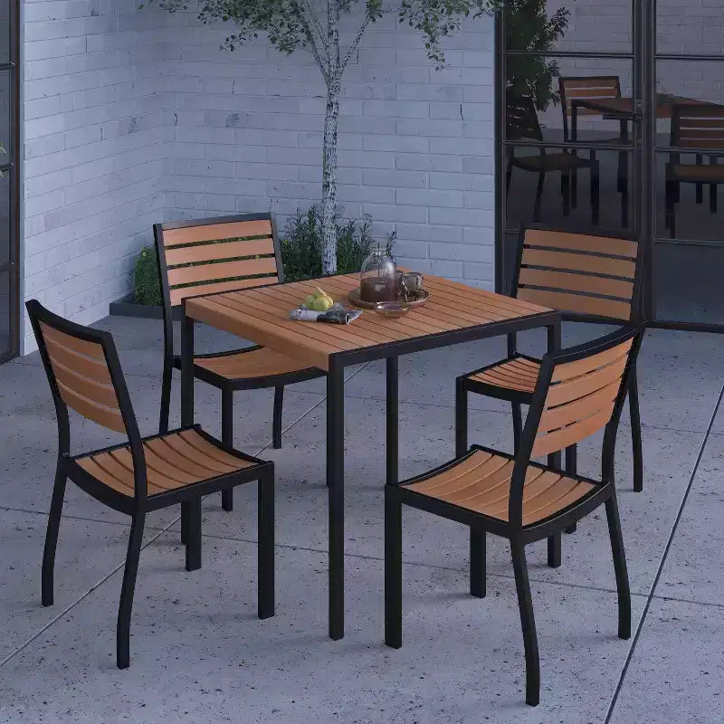 Merrick Lane 5 Piece Patio Table and Chairs Set Faux Teak Wood And Metal Indoor/Outdoor Table and Chairs with All-Weather Purpose