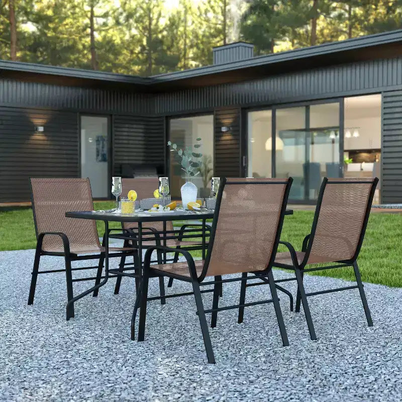 Flash Furniture Brazos 5 Piece Outdoor Patio Dining Set - Tempered Glass Patio Table, 4 Flex Comfort Stack Chairs