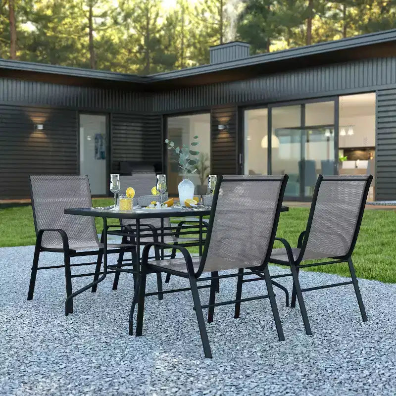 Flash Furniture Brazos 5 Piece Outdoor Patio Dining Set - Tempered Glass Patio Table, 4 Flex Comfort Stack Chairs