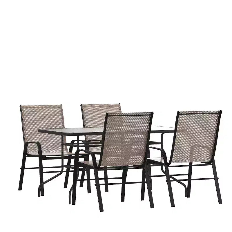 Flash Furniture Brazos 5-teiliges Essset für die Terrasse - Terrassentisch aus gehärtetem Glas, 4 stapelbare Flex-Comfort-Stühle