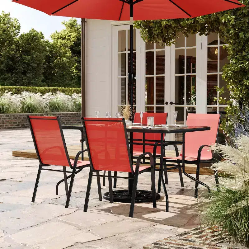 Flash Furniture Brazos 5 Piece Outdoor Patio Dining Set - Tempered Glass Patio Table, 4 Flex Comfort Stack Chairs
