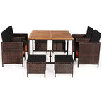 Costway 9PCS Patio Rattan Dining Set Cushioned Chairs Ottoman Wood Table Top White/Red/Black