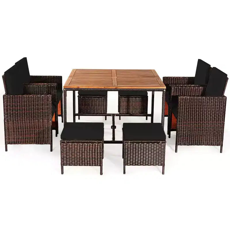 Costway 9PCS Patio Rattan Dining Set Cushioned Chairs Ottoman Wood Table Top White/Red/Black