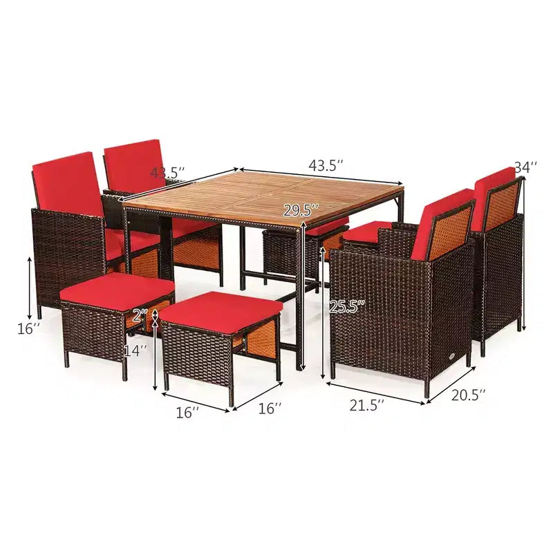 Costway 9PCS Patio Rattan Dining Set Cushioned Chairs Ottoman Wood Table Top White/Red/Black