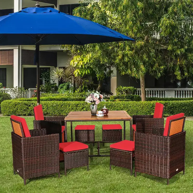 Costway 9PCS Patio Rattan Dining Set Cushioned Chairs Ottoman Wood Table Top White/Red/Black