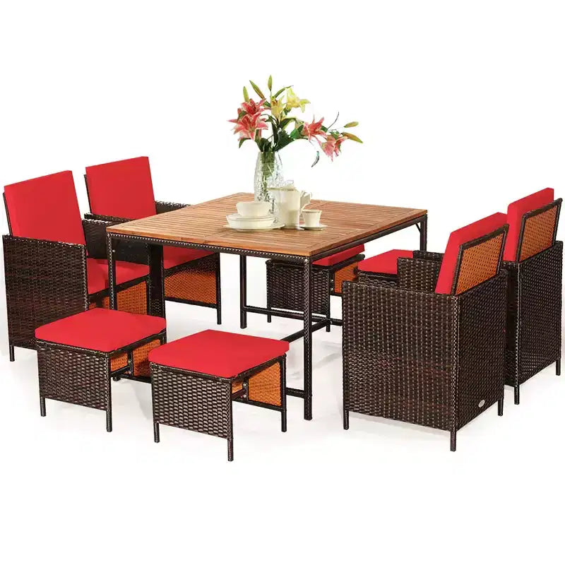 Costway 9PCS Patio Rattan Dining Set Cushioned Chairs Ottoman Wood Table Top White/Red/Black