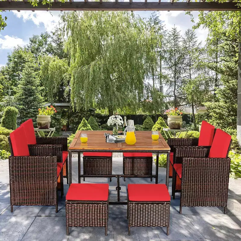 Costway 9PCS Patio Rattan Dining Set Cushioned Chairs Ottoman Wood Table Top White/Red/Black