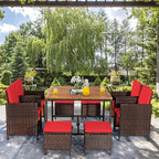 Costway 9PCS Patio Rattan Dining Set Cushioned Chairs Ottoman Wood Table Top White/Red/Black