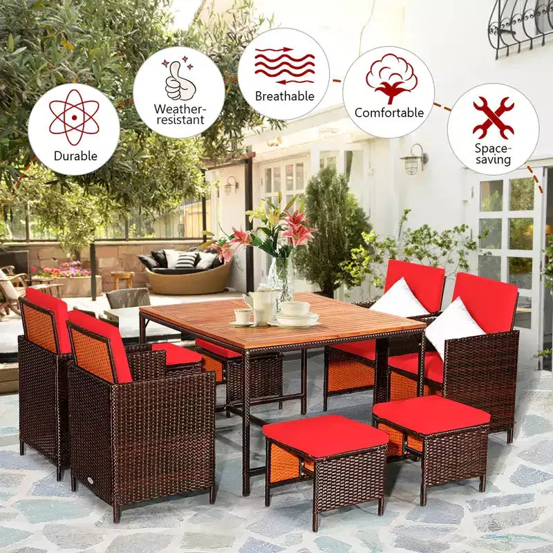 Costway 9PCS Patio Rattan Dining Set Cushioned Chairs Ottoman Wood Table Top White/Red/Black