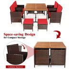 Costway 9PCS Patio Rattan Dining Set Cushioned Chairs Ottoman Wood Table Top White/Red/Black