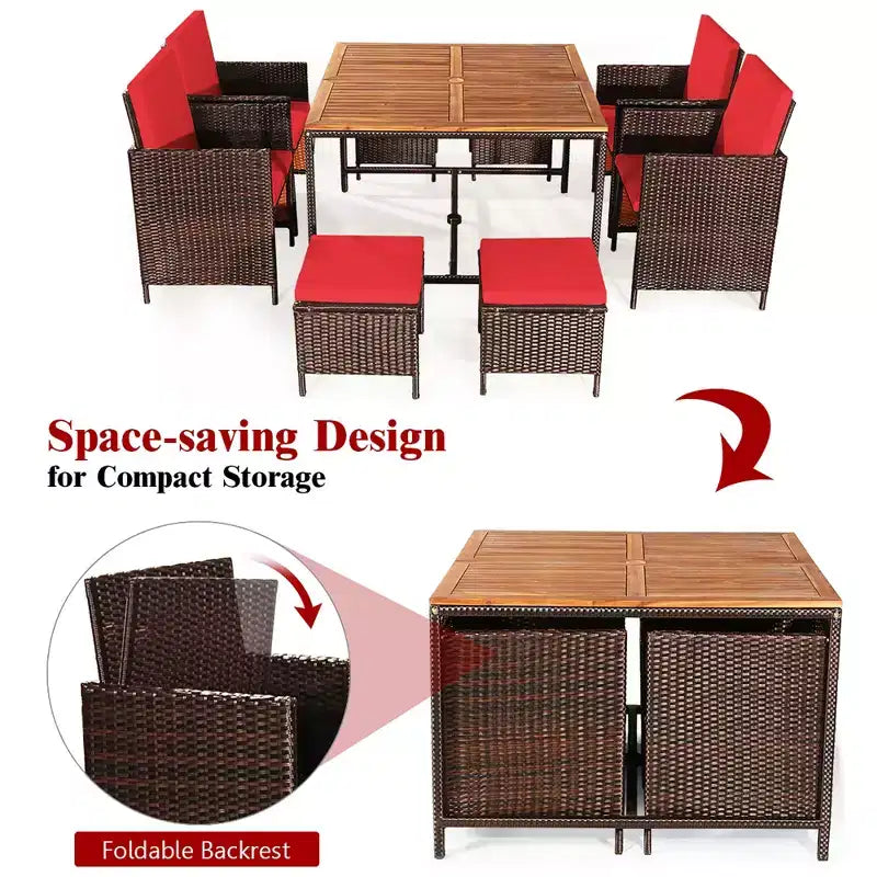 Costway 9PCS Patio Rattan Dining Set Cushioned Chairs Ottoman Wood Table Top White/Red/Black