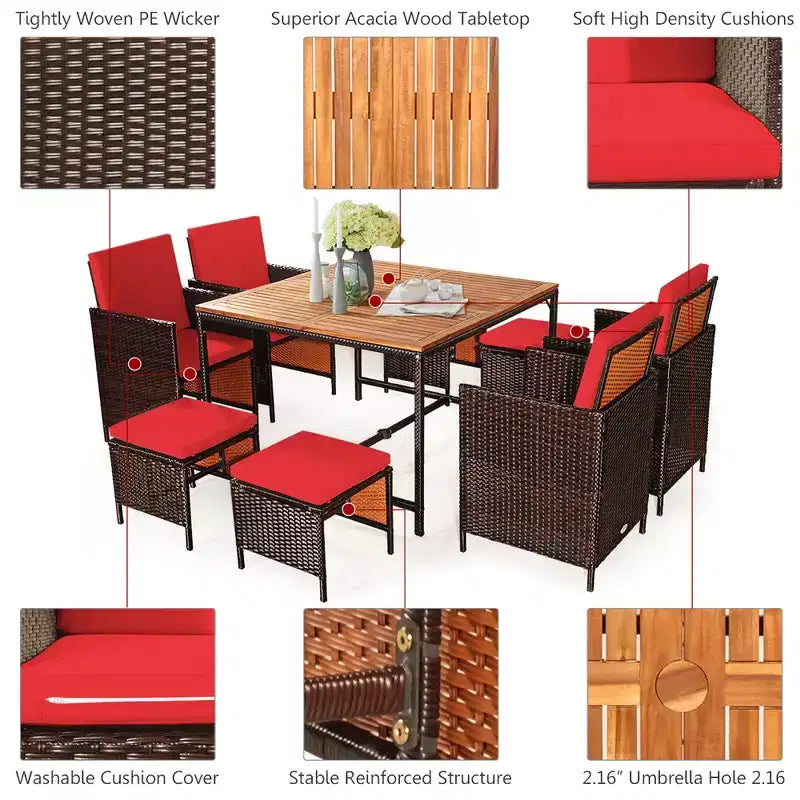 Costway 9PCS Patio Rattan Dining Set Cushioned Chairs Ottoman Wood Table Top White/Red/Black