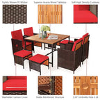 Costway 9PCS Patio Rattan Dining Set Cushioned Chairs Ottoman Wood Table Top White/Red/Black