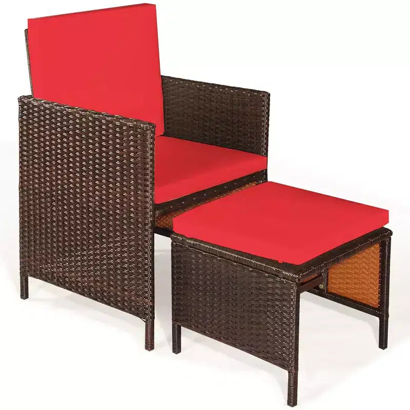 Costway 9PCS Patio Rattan Dining Set Cushioned Chairs Ottoman Wood Table Top White/Red/Black