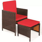 Costway 9PCS Patio Rattan Dining Set Cushioned Chairs Ottoman Wood Table Top White/Red/Black