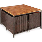 Costway 9PCS Patio Rattan Dining Set Cushioned Chairs Ottoman Wood Table Top White/Red/Black