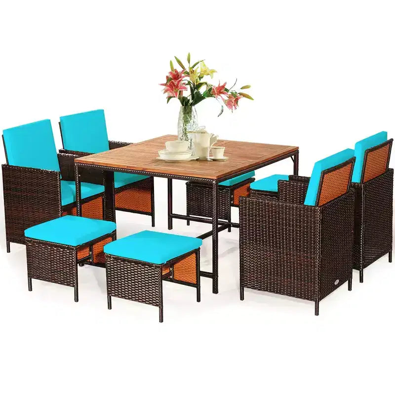 Costway 9PCS Patio Rattan Dining Set Cushioned Chairs Ottoman Wood Table Top White/Red/Black
