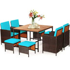 Costway 9PCS Patio Rattan Dining Set Cushioned Chairs Ottoman Wood Table Top White/Red/Black