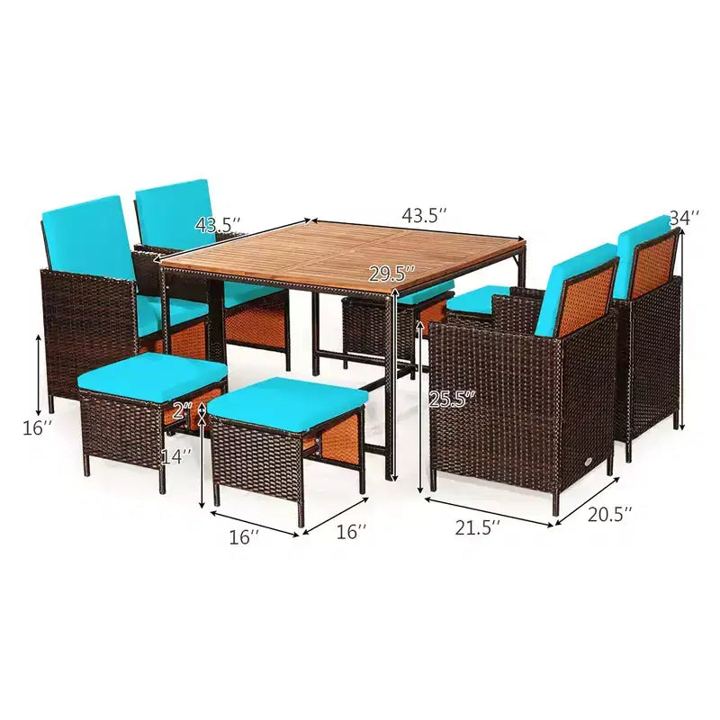 Costway 9PCS Patio Rattan Dining Set Cushioned Chairs Ottoman Wood Table Top White/Red/Black