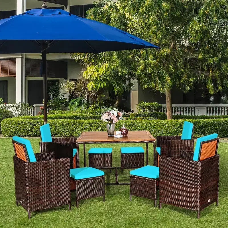 Costway 9PCS Patio Rattan Dining Set Cushioned Chairs Ottoman Wood Table Top White/Red/Black