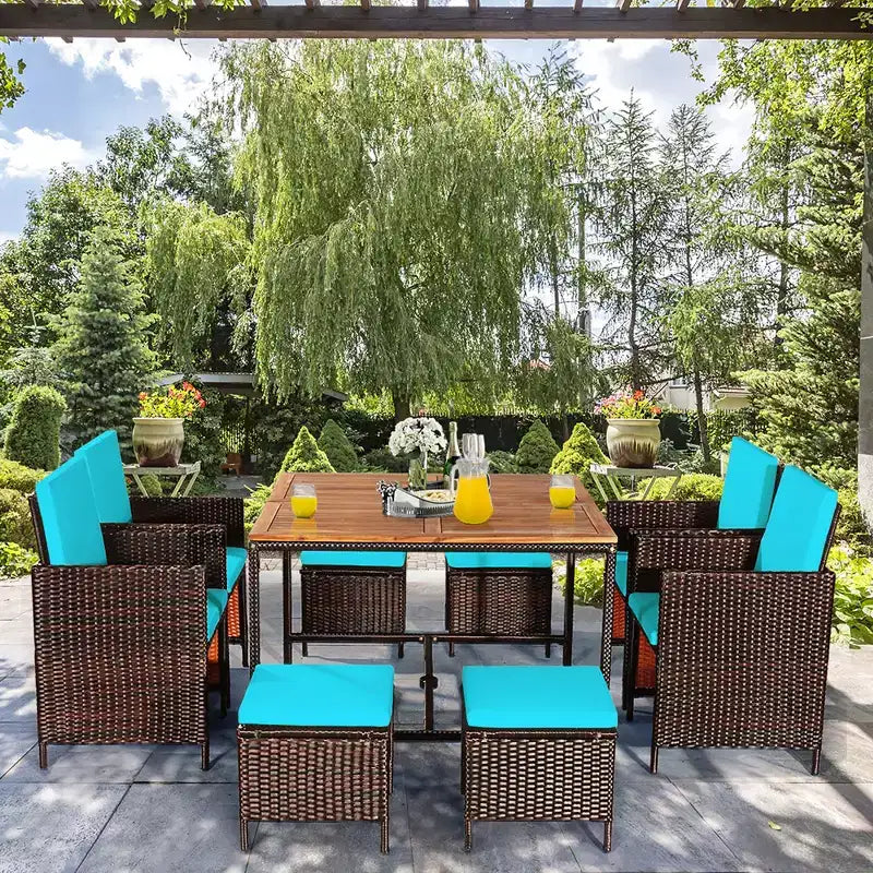 Costway 9PCS Patio Rattan Dining Set Cushioned Chairs Ottoman Wood Table Top White/Red/Black