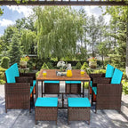 Costway 9PCS Patio Rattan Dining Set Cushioned Chairs Ottoman Wood Table Top White/Red/Black