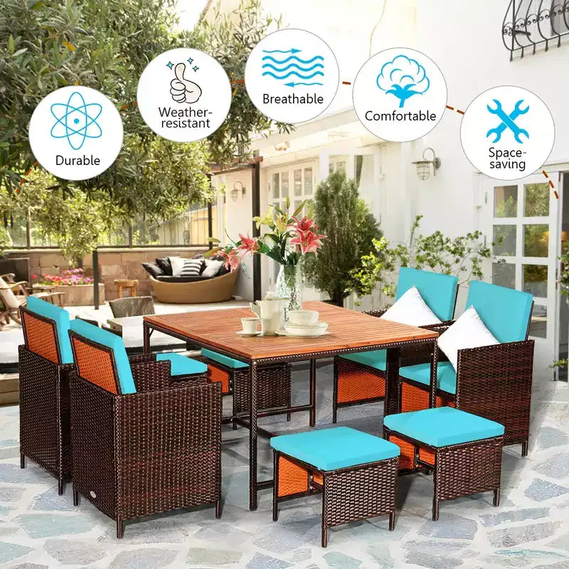 Costway 9PCS Patio Rattan Dining Set Cushioned Chairs Ottoman Wood Table Top White/Red/Black