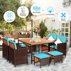 Costway 9PCS Patio Rattan Dining Set Cushioned Chairs Ottoman Wood Table Top White/Red/Black
