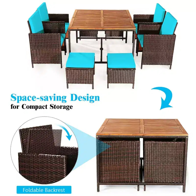 Costway 9PCS Patio Rattan Dining Set Cushioned Chairs Ottoman Wood Table Top White/Red/Black