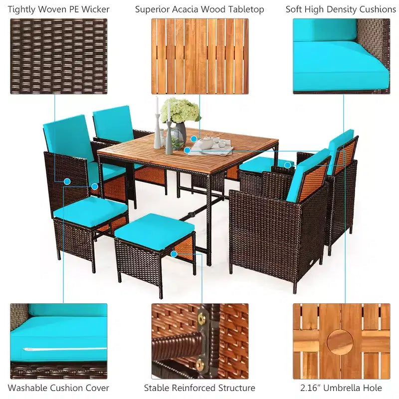 Costway 9PCS Patio Rattan Dining Set Cushioned Chairs Ottoman Wood Table Top White/Red/Black