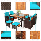 Costway 9PCS Patio Rattan Dining Set Cushioned Chairs Ottoman Wood Table Top White/Red/Black