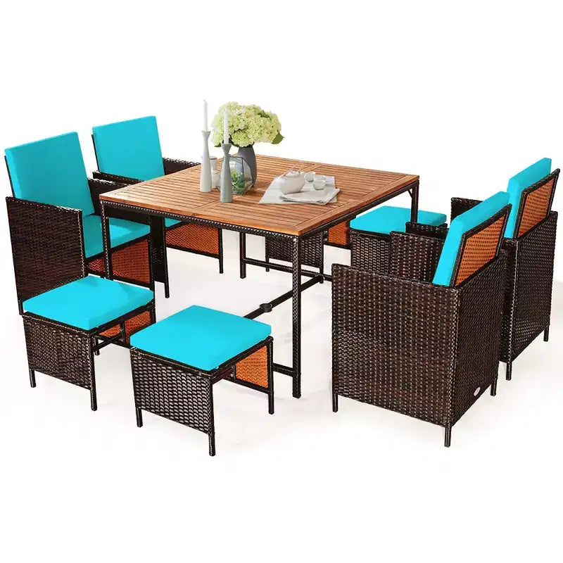Costway 9PCS Patio Rattan Dining Set Cushioned Chairs Ottoman Wood Table Top White/Red/Black