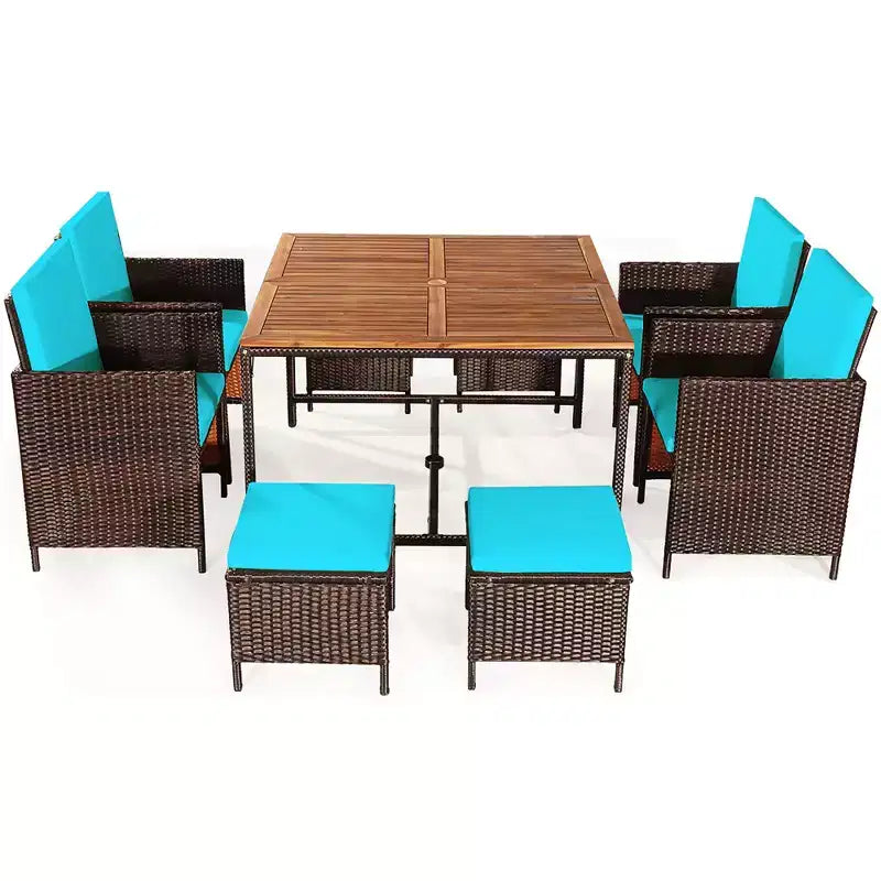 Costway 9PCS Patio Rattan Dining Set Cushioned Chairs Ottoman Wood Table Top White/Red/Black
