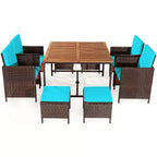 Costway 9PCS Patio Rattan Dining Set Cushioned Chairs Ottoman Wood Table Top White/Red/Black