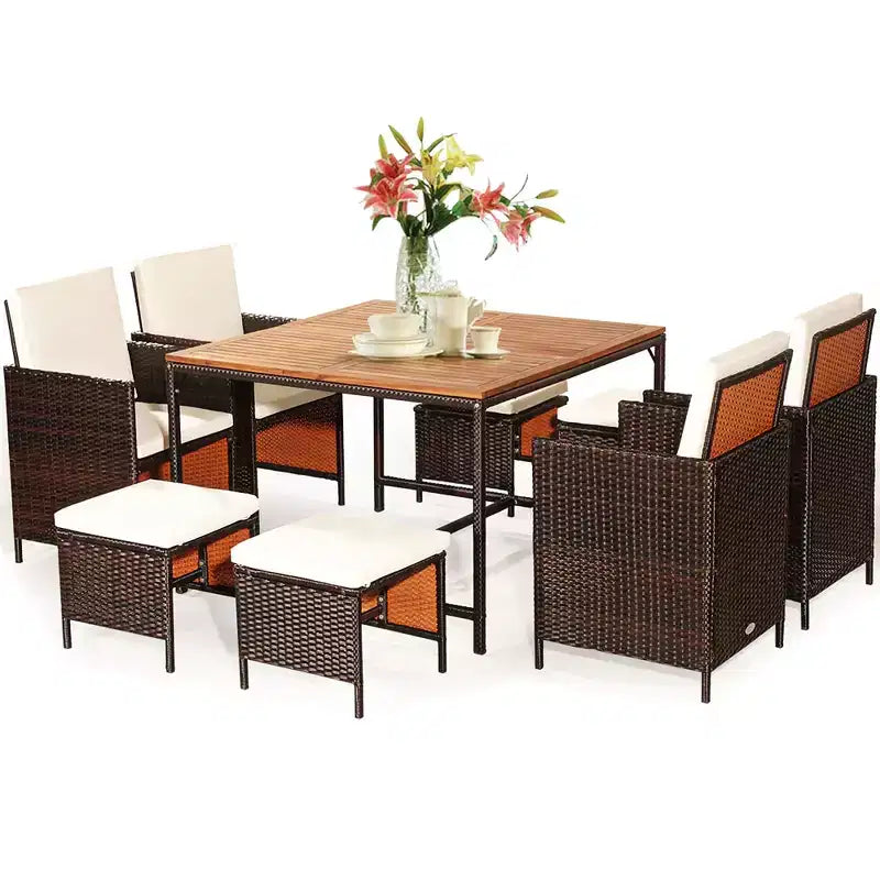 Costway 9PCS Patio Rattan Dining Set Cushioned Chairs Ottoman Wood Table Top White/Red/Black