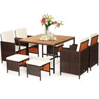 Costway 9PCS Patio Rattan Dining Set Cushioned Chairs Ottoman Wood Table Top White/Red/Black