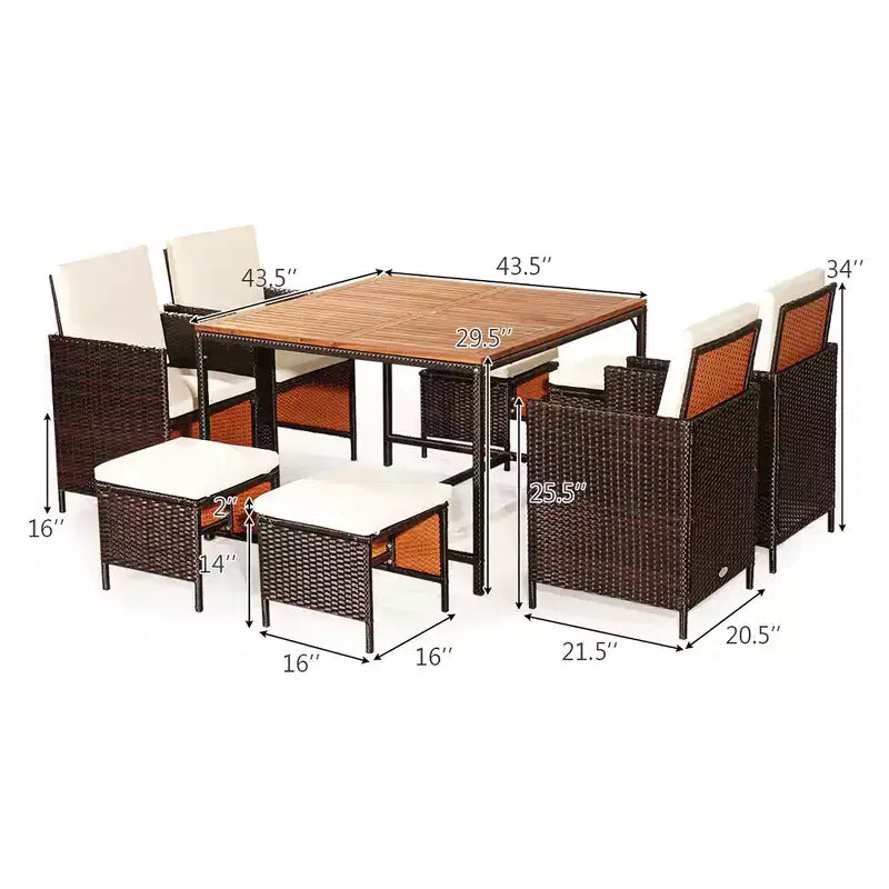 Costway 9PCS Patio Rattan Dining Set Cushioned Chairs Ottoman Wood Table Top White/Red/Black