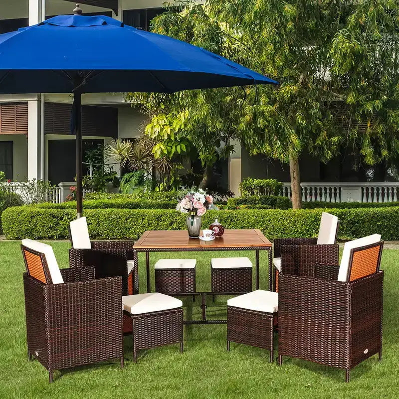Costway 9PCS Patio Rattan Dining Set Cushioned Chairs Ottoman Wood Table Top White/Red/Black